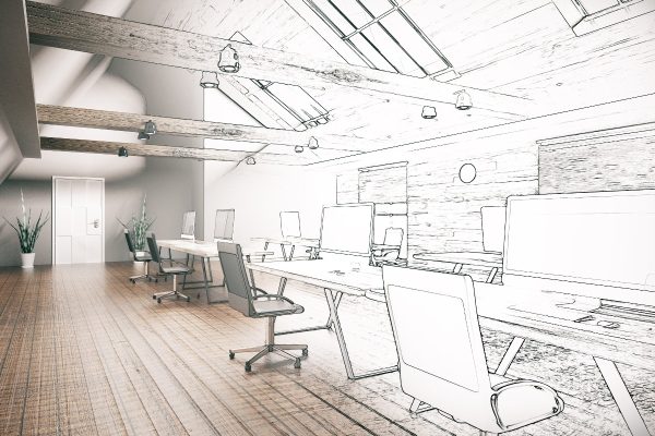 Unfinished project of country style coworking office interior. 3D Rendering