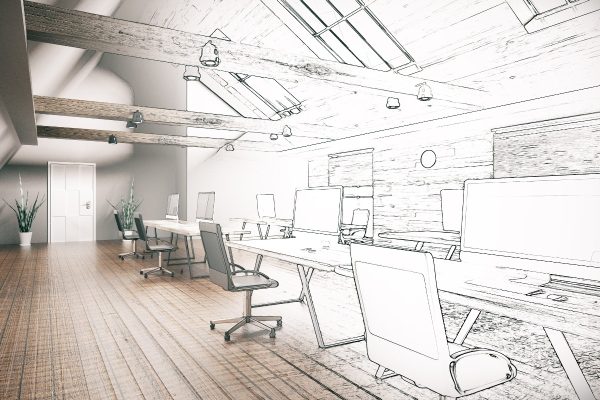 Unfinished project of country style coworking office interior. 3D Rendering Unfinished project of country style coworking office interior. 3D Rendering